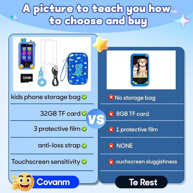 Covanm Kids Smart Phone, Christmas Birthday Gifts Dinosaur Child Play Phone for Boys 3-10, 2.8" Touchscreen HD Dual Camera Cell Phone for Kids,Travel Toy Preschool Learning Education Toy，32GB Card & Bag - Image 4